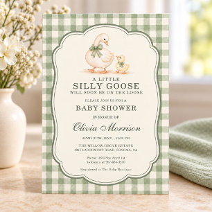 Silly Goose Sage Green Gingham Baby Shower Invitation
