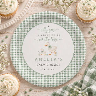 Silly Goose Sage Green Gingham Baby Shower Paper Plate