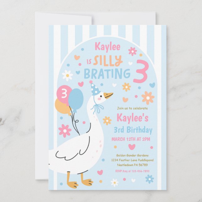 Silly Goose Silly-Brating Three Birthday Party  Invitation (Front)