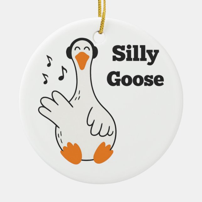 Silly Goose Wearing Headphones – Cute Funny Goose Ceramic Ornament (Front)