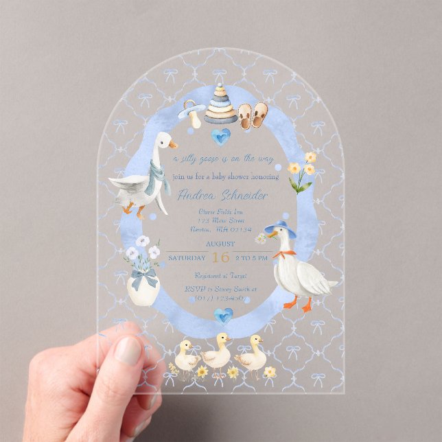 Silly Goose Whimsical Bow Baby Boy Shower Acrylic Invitations (Insitu (Handheld))