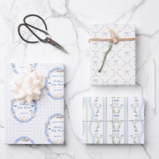 Silly Goose Whimsical Bow Baby Boy Shower Wrapping Paper Sheet (Front)