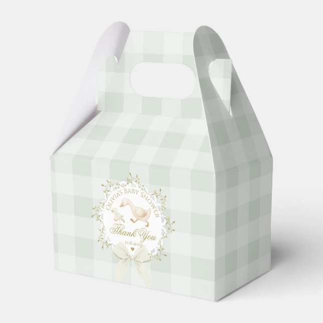 Silly Goose Whimsical Sage Gingham Baby Shower Favor Box (Front Side)