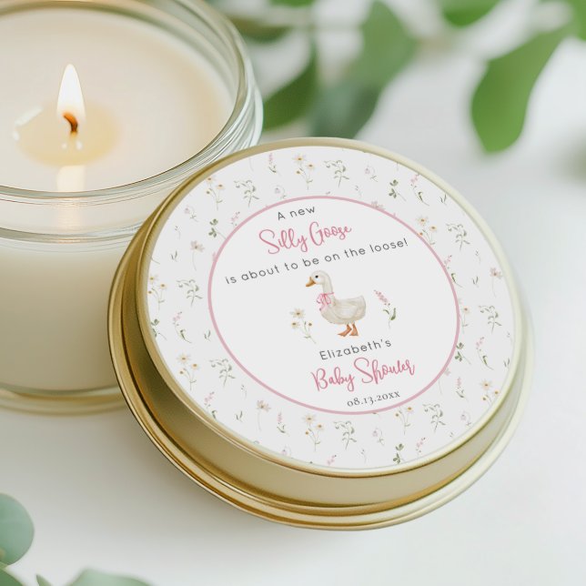 Silly Goose Wildflower Pink Bow Baby Shower Classic Round Sticker (Creator Uploaded)