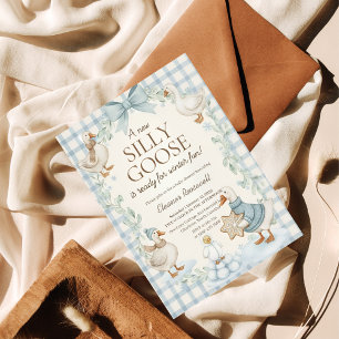 Silly Goose Winter Baby Shower Blue Gingham Invitation