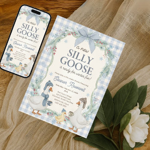 Silly Goose Winter Blue Plaid Gingham Baby Shower Invitation