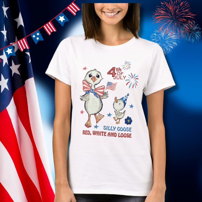 Silly Goose with Flag & Bow 4th of July T-Shirt  ( Silly Goose with Flag & Bow 4th of July T-Shirt )
