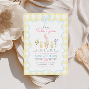 Silly Goose Yellow Gingham Bow Duck Baby Shower Invitation