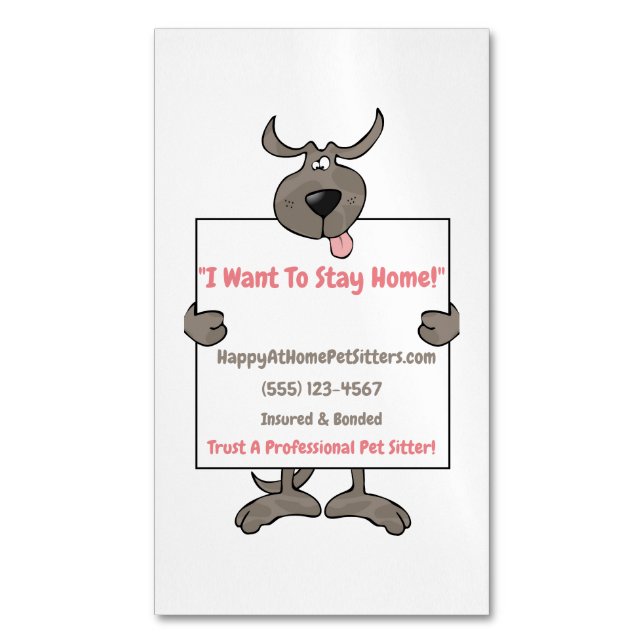 Silly Grey Dog Holding Picket Sign Pet Sitter Magnetic Business Card (Front Vertical)