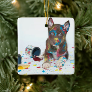 Silly Husky Puppy got into Paint Buckets Ceramic Ornament