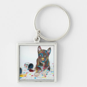 Silly Husky Puppy got into Paint Buckets Keychain
