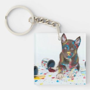 Silly Husky Puppy got into Paint Buckets Keychain
