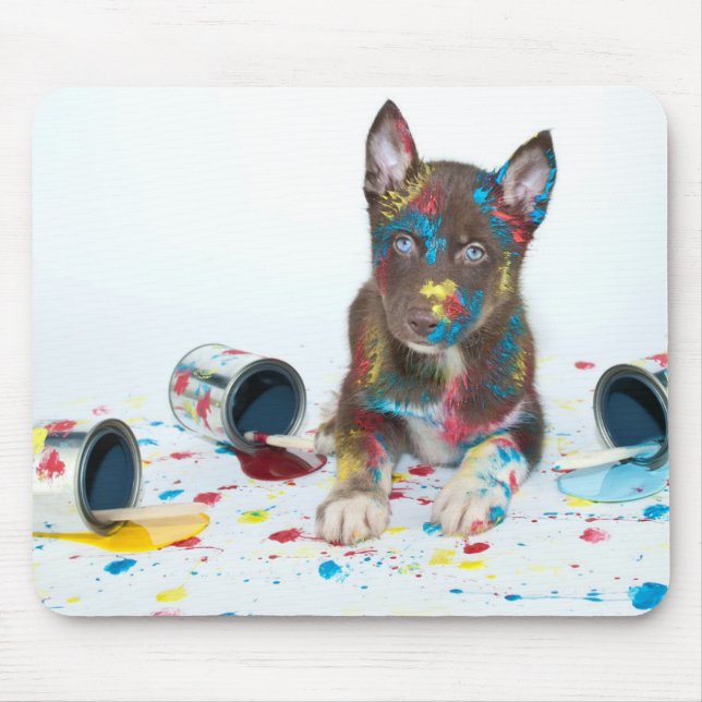 Silly Husky Puppy got into Paint Buckets Mouse Pad (Front)
