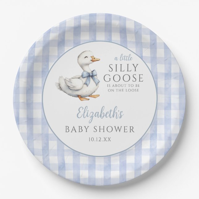 Silly Little Goose Blue Gingham Baby Shower Paper Plate (Front)