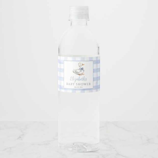 Silly Little Goose Blue Gingham Baby Shower Water Bottle Label (Front)