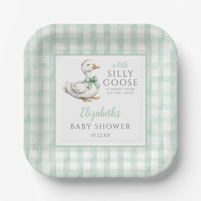 Silly Little Goose Green Gingham Baby Shower Paper Plate (Front)