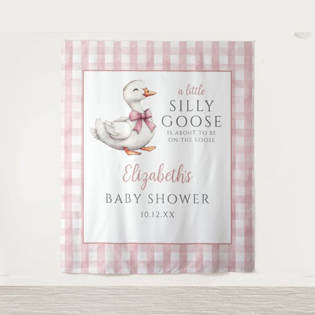 Silly Little Goose Pink Baby Shower Photo Backdrop Tapestry (Front)