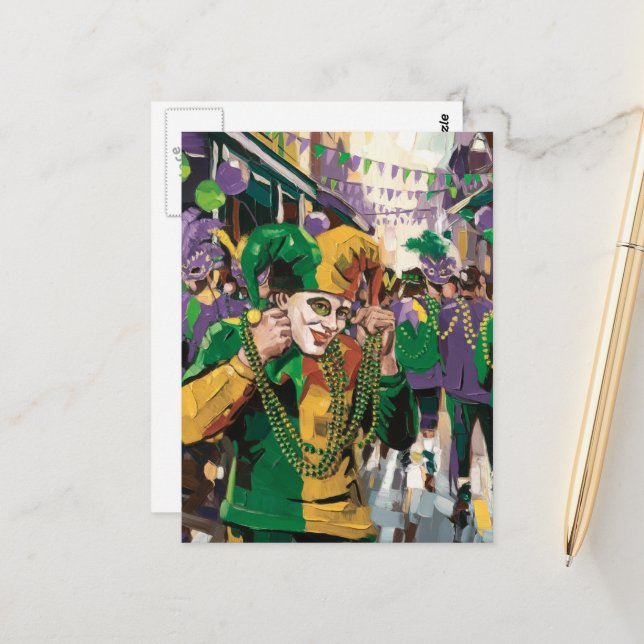Silly Mardi Gras Happy Jester Postcard (Front/Back In Situ)