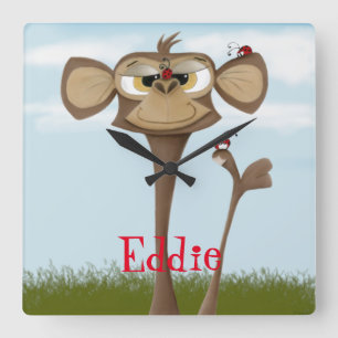 Silly Monkey and Ladybugs Square Wall Clock