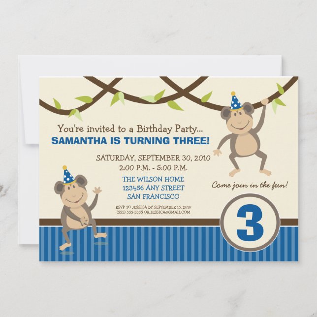 Silly Monkeys Birthday Party Invitation (blue) (Front)