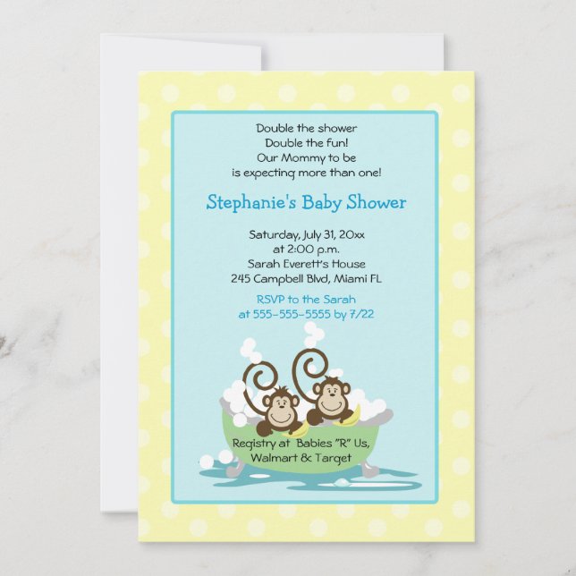 Silly Monkeys in Tub Twins Baby Shower - Yellow Invitation (Front)