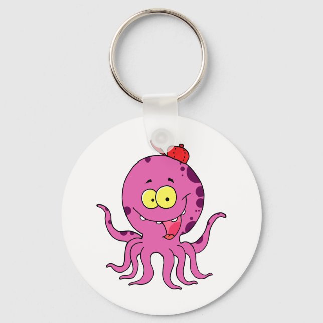 silly octopus wearing baseball cap hat keychain (Front)