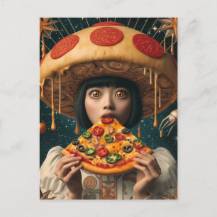 Silly Pizza Woman With Pepperoni Mushroom Hat Postcard