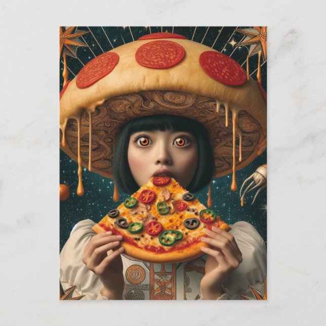 Silly Pizza Woman With Pepperoni Mushroom Hat Postcard (Front)