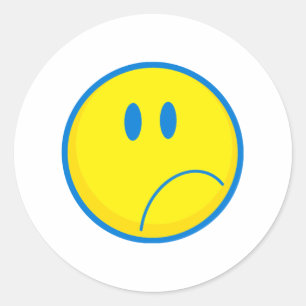 silly sad face yellow and blue classic round sticker