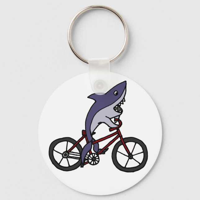 Silly Shark Riding Bicycle Cartoon Keychain (Front)