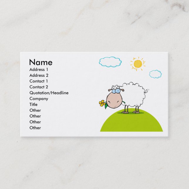 silly sheep on a hill with a flower business card (Front)