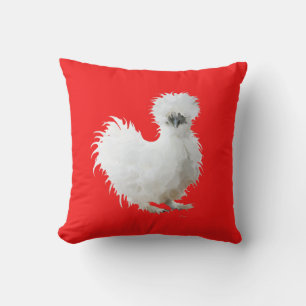 Silly Silkie Chicken on Red Throw Pillow