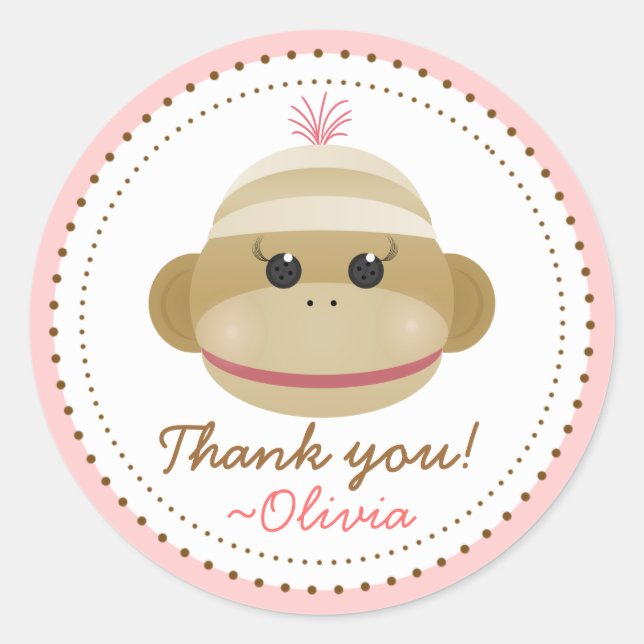 Silly Sock Monkey Girl Personalized Favour Sticker (Front)