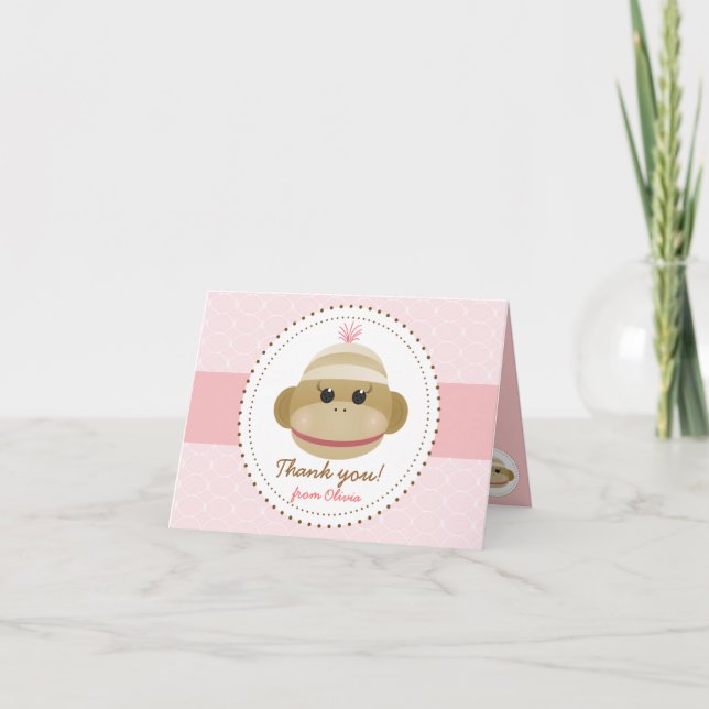 Silly Sock Monkey Girl Personalized Thank You Card (Front)