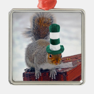 Silly Squirrel with Green Striped Hat Ornament