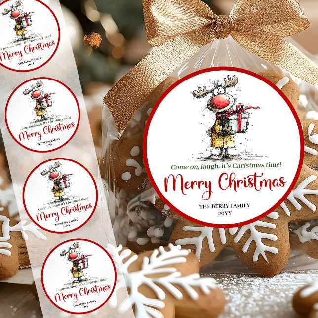 Silly whimsical reindeer sticker funny deer charm (Whimsical quirky reindeer Christmas sticker design)