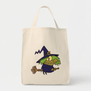 silly witchy witch toad on broomstick tote bag