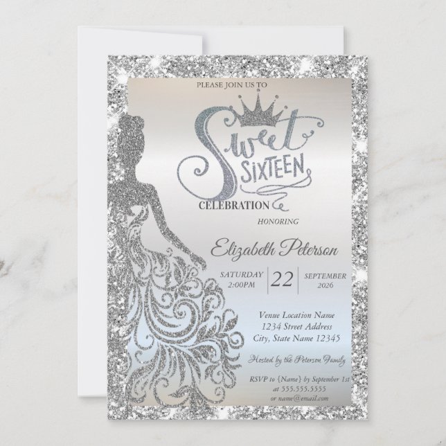 Silv Glitter Dress,Tiara Sparkle Sweet 16  Invitation (Front)