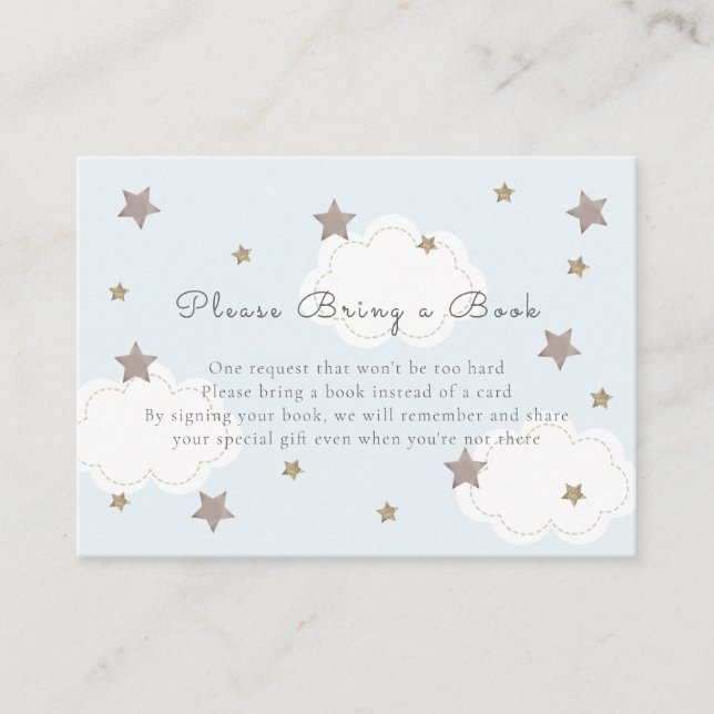 Silve Stars & Clouds Baby Blue Please Bring a Book Enclosure Card (Front)