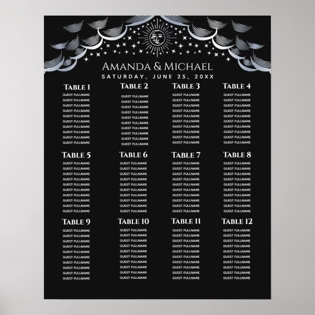 Silve Sun & Moon Tarot Card Wedding Seating Chart (Front)