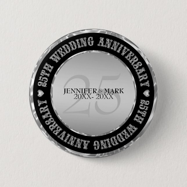 Silve Wedding Anniversary  Metallic Silver & Black 2 Inch Round Button (Front)