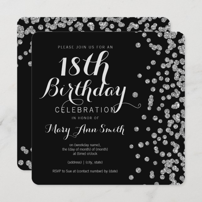 Silver 18th Birthday Faux Glitter Confetti Black Invitation (Front/Back)