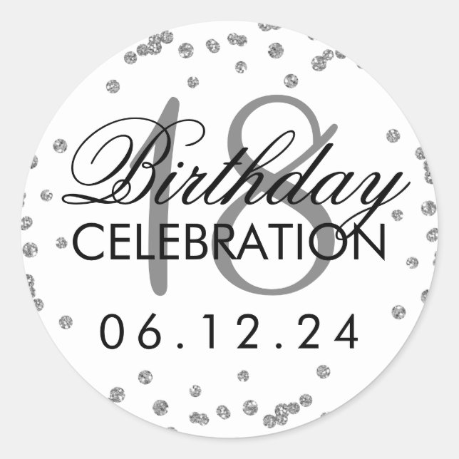 Silver 18th Birthday Faux Glitter Confetti White Classic Round Sticker (Front)