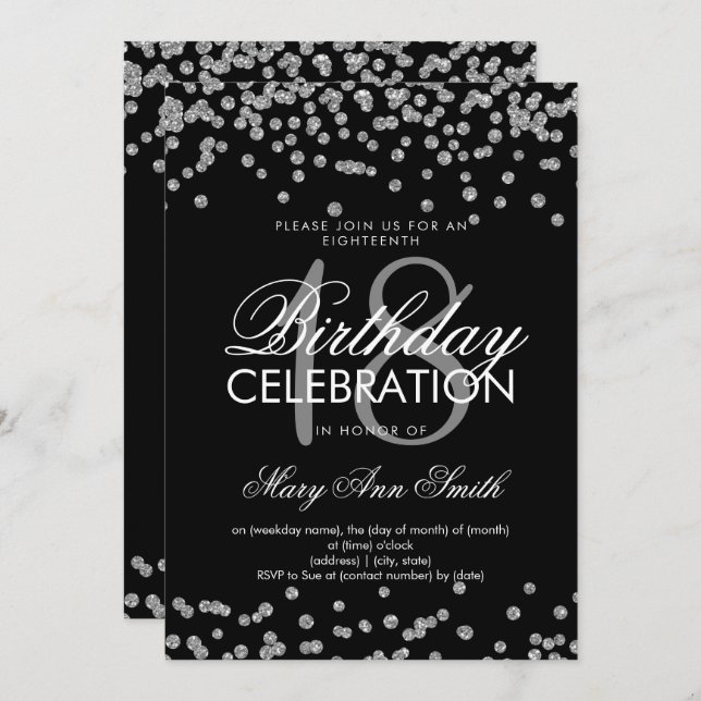 Silver 18th Birthday Glitter Confetti Black Invitation (Front/Back)