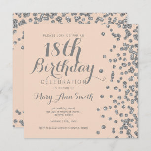 Silver 18th Birthday Glitter Confetti Blush Pink Invitation