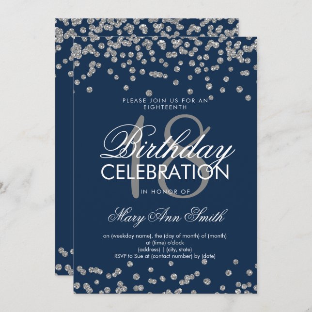 Silver 18th Birthday Glitter Confetti Navy Blue Invitation (Front/Back)