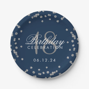 Silver 18th Birthday Glitter Confetti Navy Blue Paper Plate