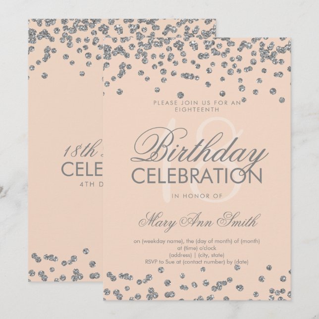 Silver 18th Birthday Glitter Confetti Rose Pink Invitation (Front/Back)