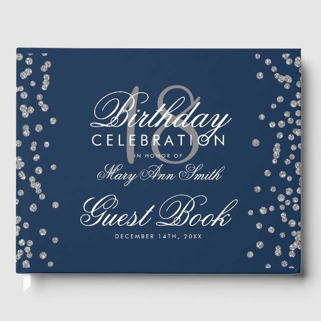 Silver 18th Birthday Party Glitter Confetti Navy Guest Book (Front)