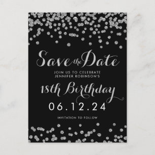 Silver 18th Birthday Save Date Confetti Black Announcement Postcard